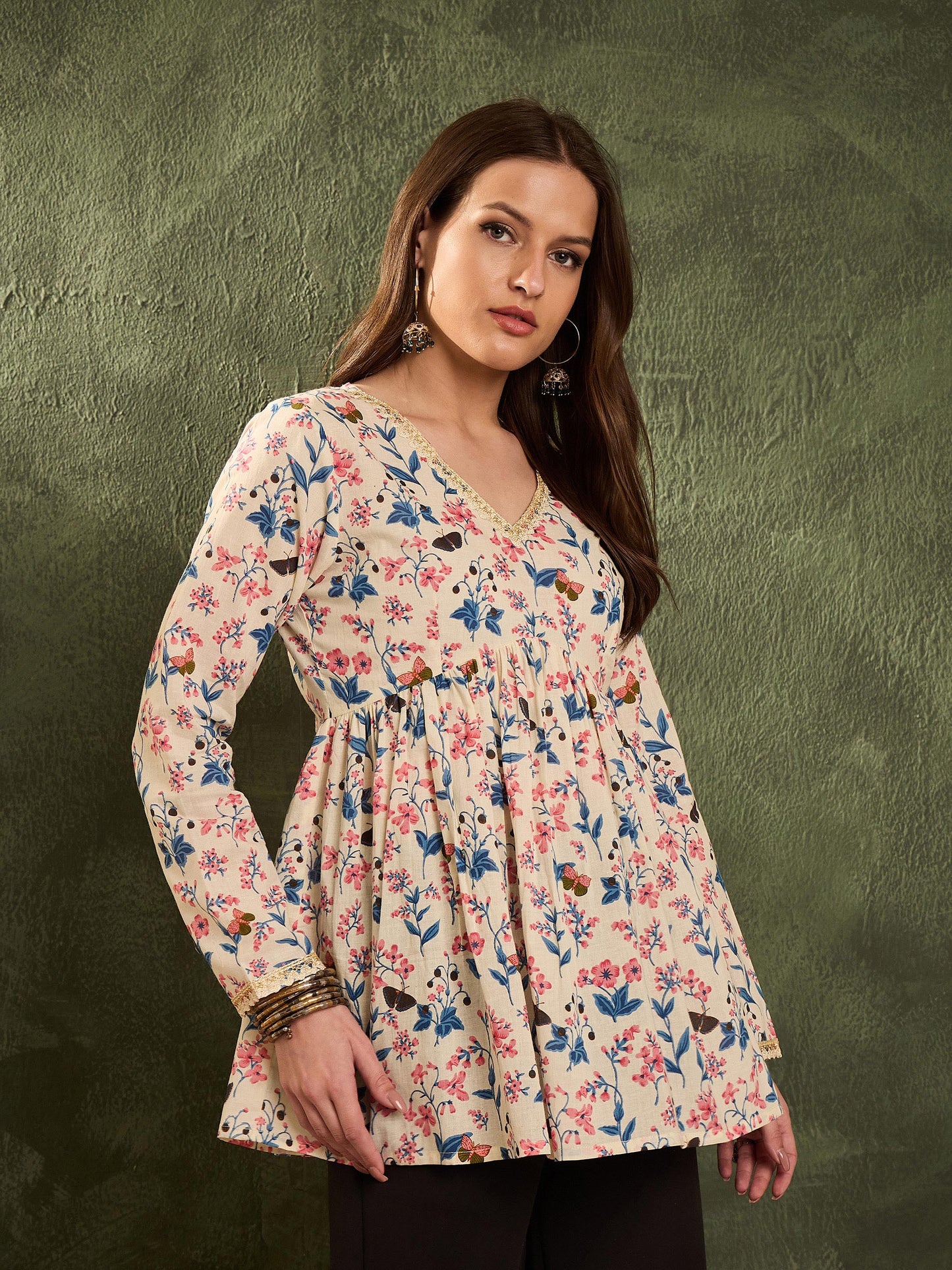 Off White Floral V Neck Full Sleeves Peplum Kurti