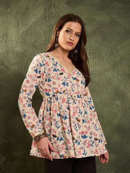 Off White Floral V Neck Full Sleeves Peplum Kurti
