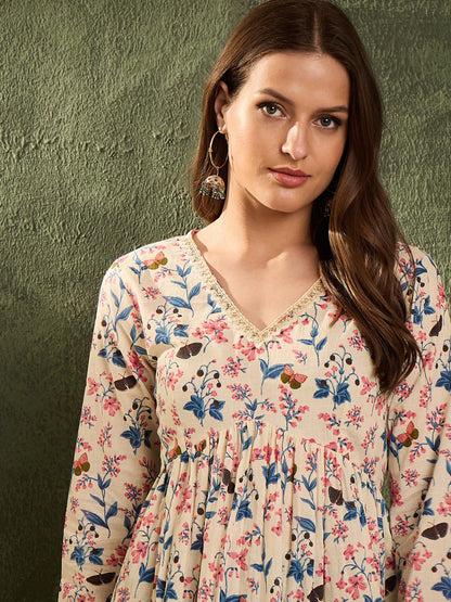 Off White Floral V Neck Full Sleeves Peplum Kurti