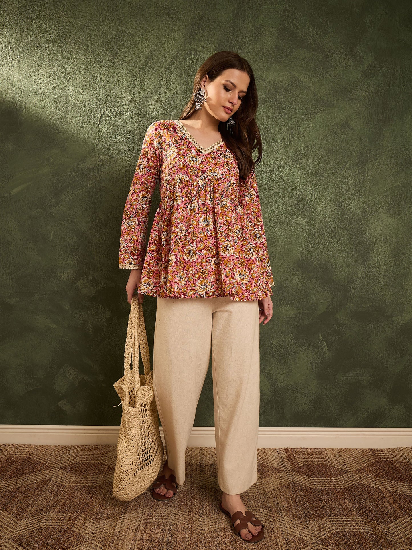 Pink Floral V Neck Full Sleeves Peplum Kurti
