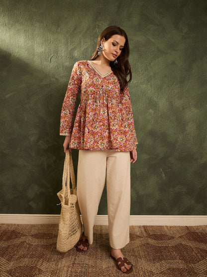 Pink Floral V Neck Full Sleeves Peplum Kurti