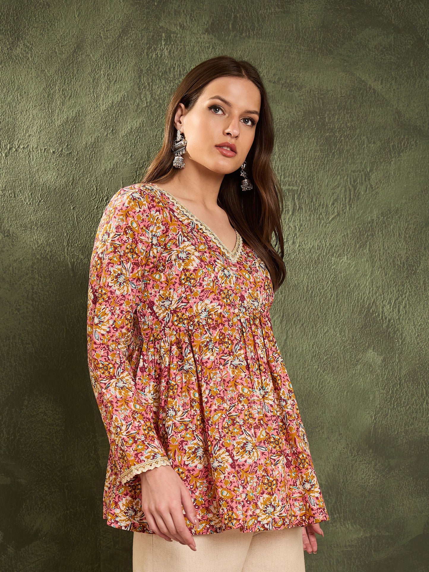 Pink Floral V Neck Full Sleeves Peplum Kurti