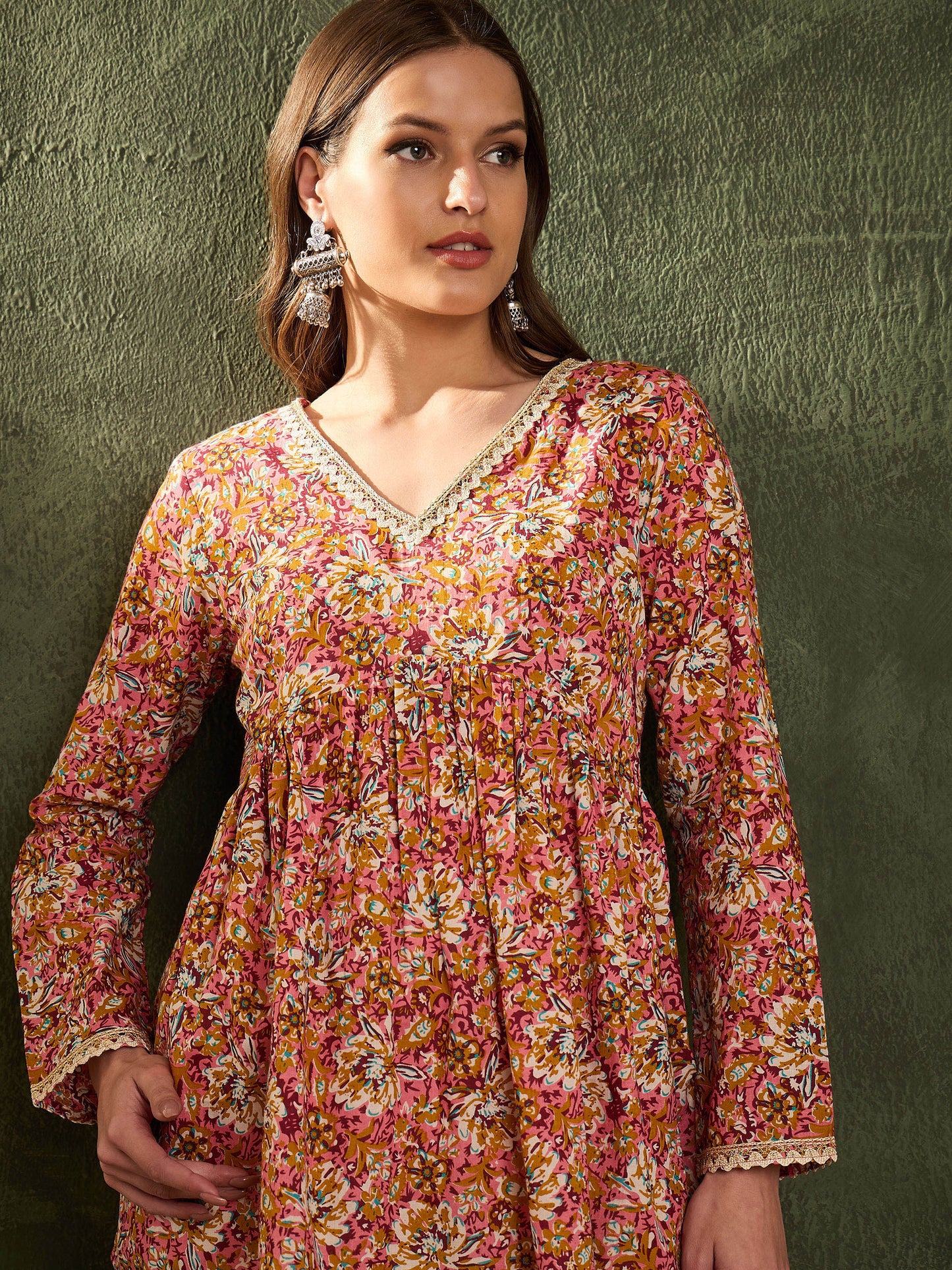 Pink Floral V Neck Full Sleeves Peplum Kurti