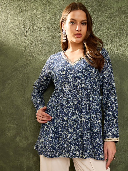 Blue Floral V Neck Full Sleeves Peplum Kurti