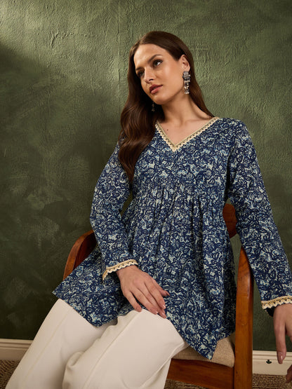 Blue Floral V Neck Full Sleeves Peplum Kurti