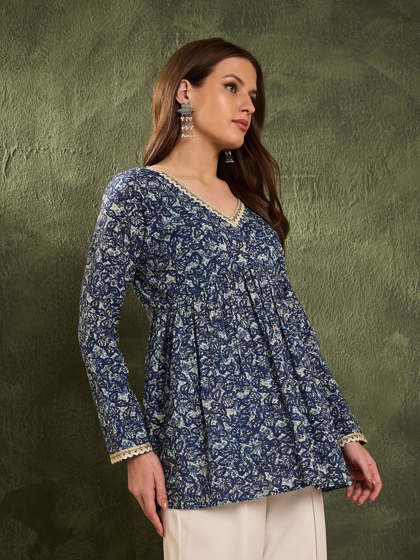 Blue Floral V Neck Full Sleeves Peplum Kurti