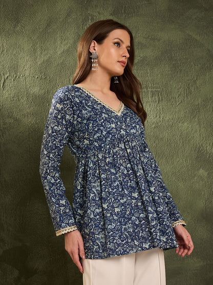Blue Floral V Neck Full Sleeves Peplum Kurti
