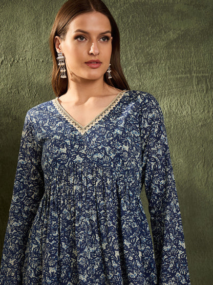 Blue Floral V Neck Full Sleeves Peplum Kurti