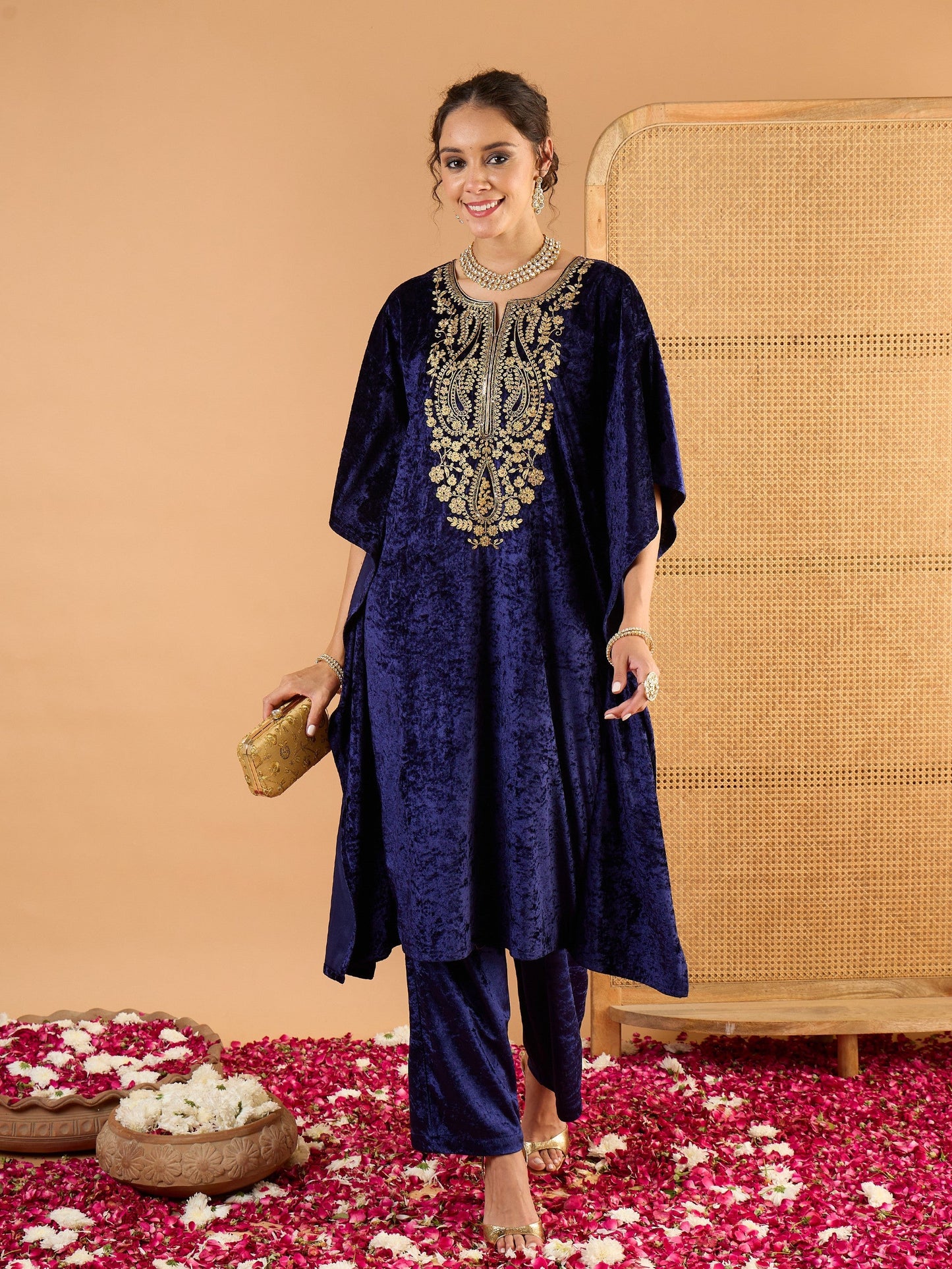 Women Navy Blue Velvet Embroidered Kaftan Kurta