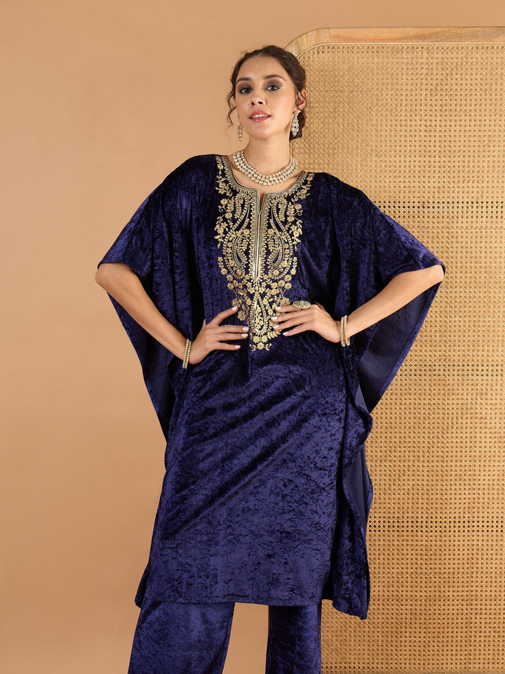 Women Navy Velvet Embroidered Kaftan Kurta