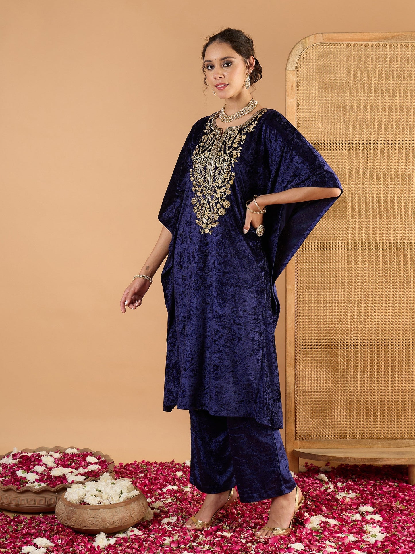 Women Navy Blue Velvet Embroidered Kaftan Kurta