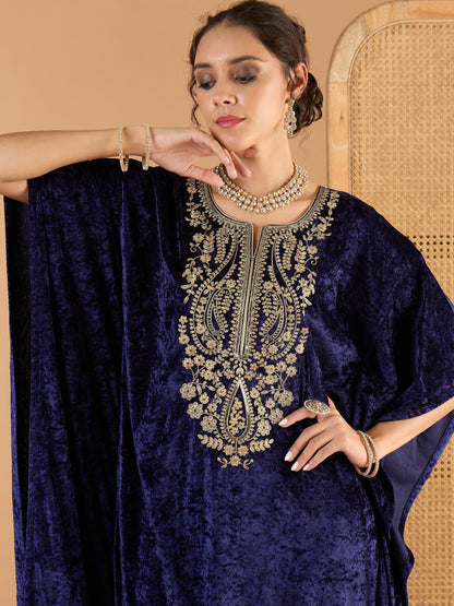 Women Navy Blue Velvet Embroidered Kaftan Kurta