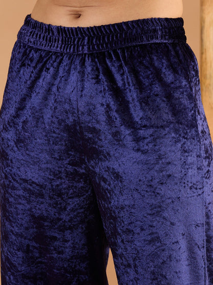 Women Navy Blue Velvet Embroidered Kaftan Kurta