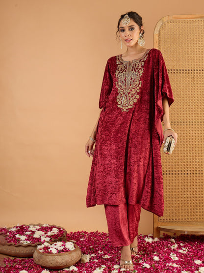 Women Onion Pink Velvet Embroidered Kaftan Kurta