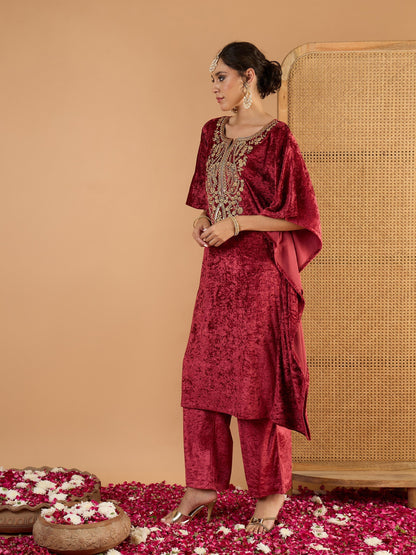Women Onion Pink Velvet Embroidered Kaftan Kurta