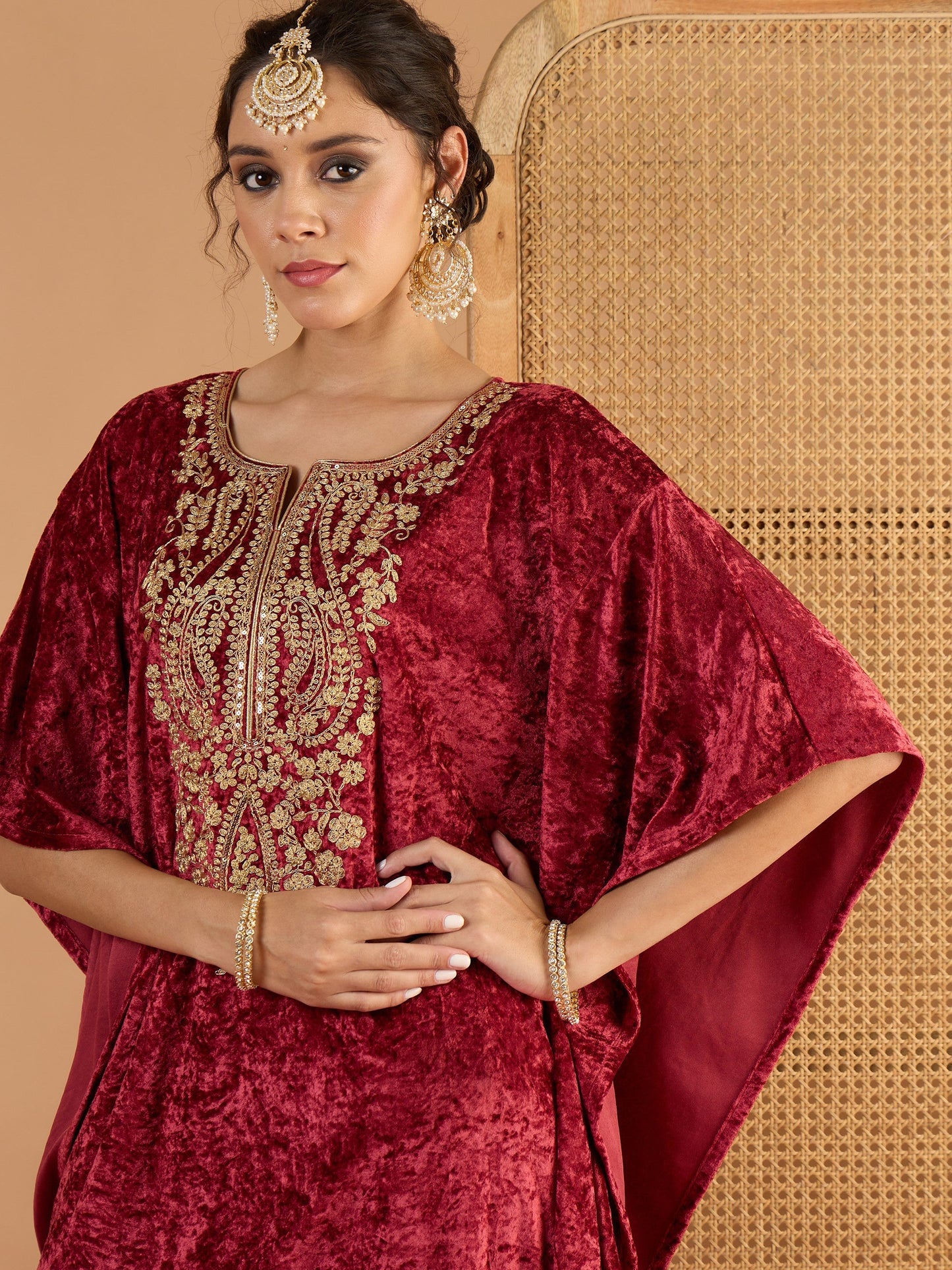 Women Onion Pink Velvet Embroidered Kaftan Kurta