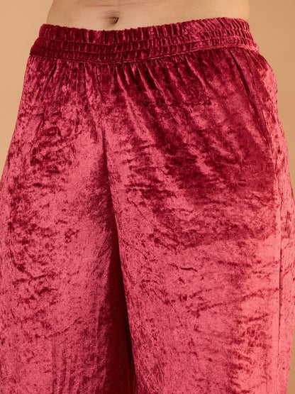 Women Onion Pink Velvet Embroidered Kaftan Kurta