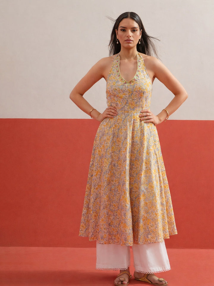 Women Beige Floral Embroidered Halter Neck Kurta
