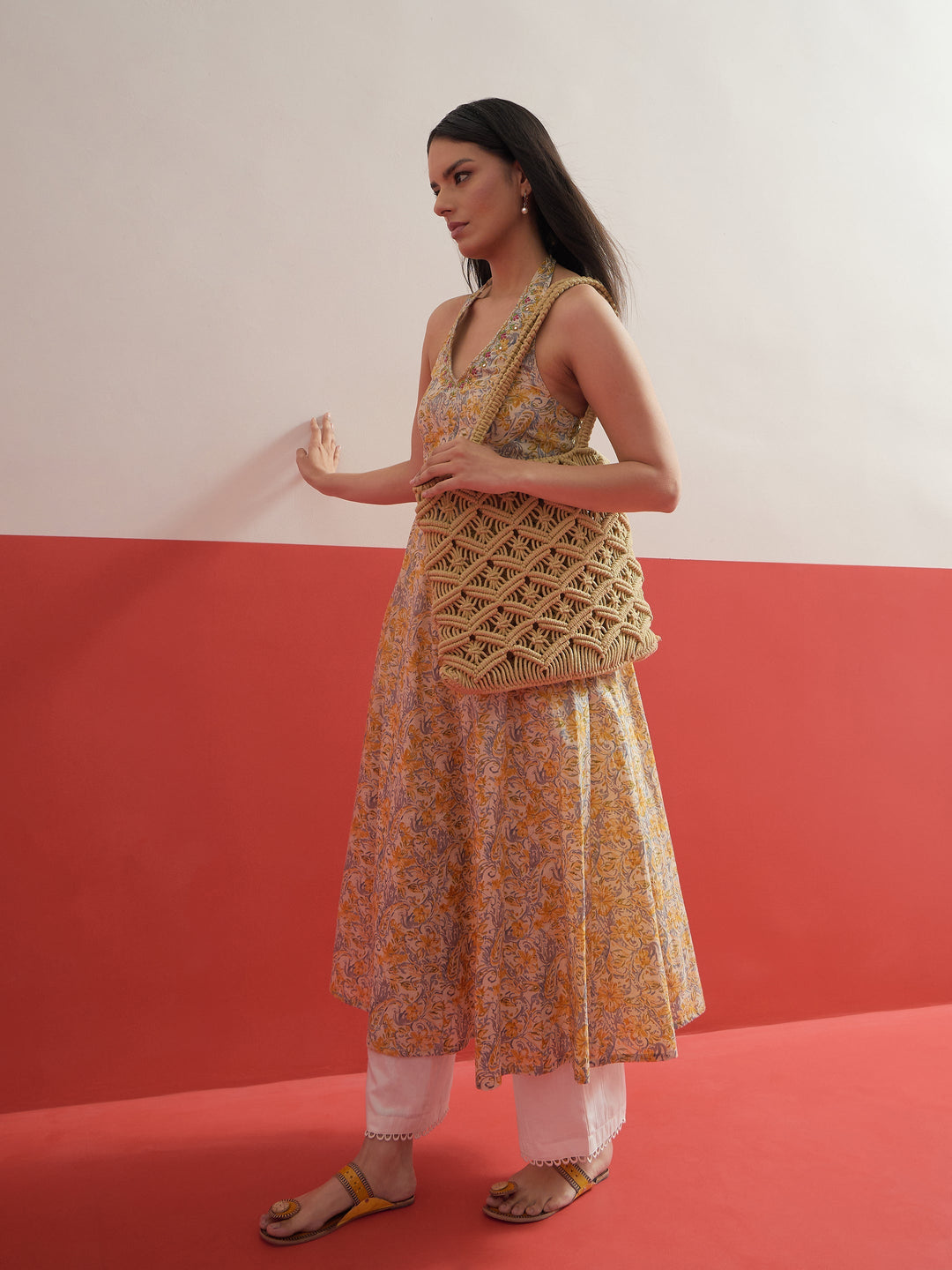 Women Beige Floral Embroidered Halter Neck Kurta