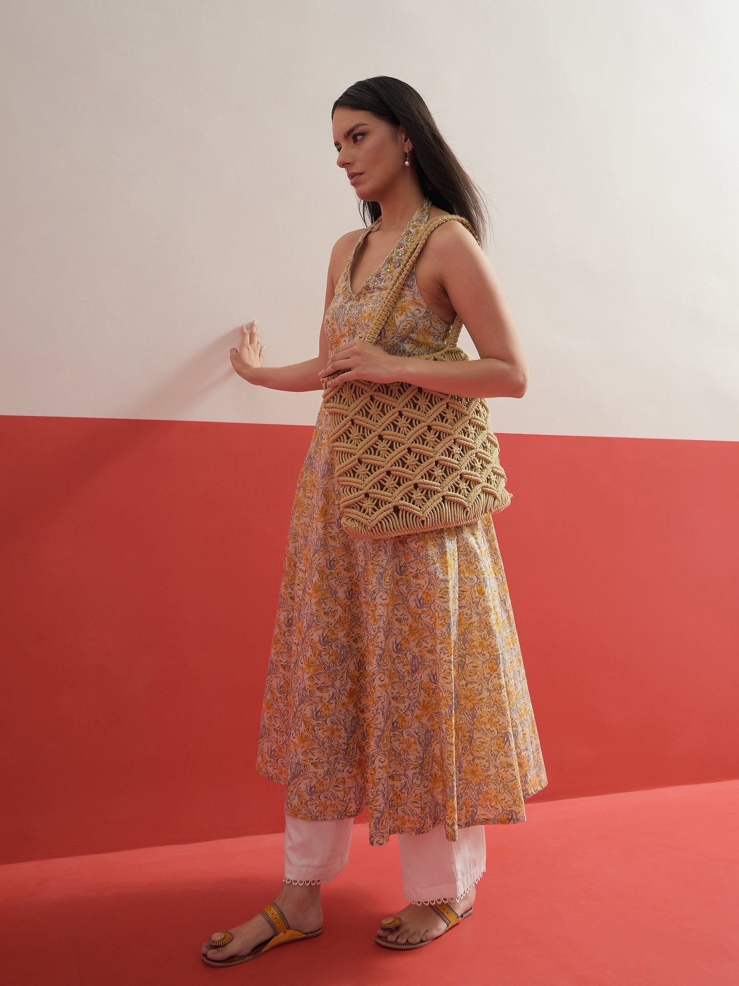 Women Beige Floral Embroidered Halter Neck Kurta