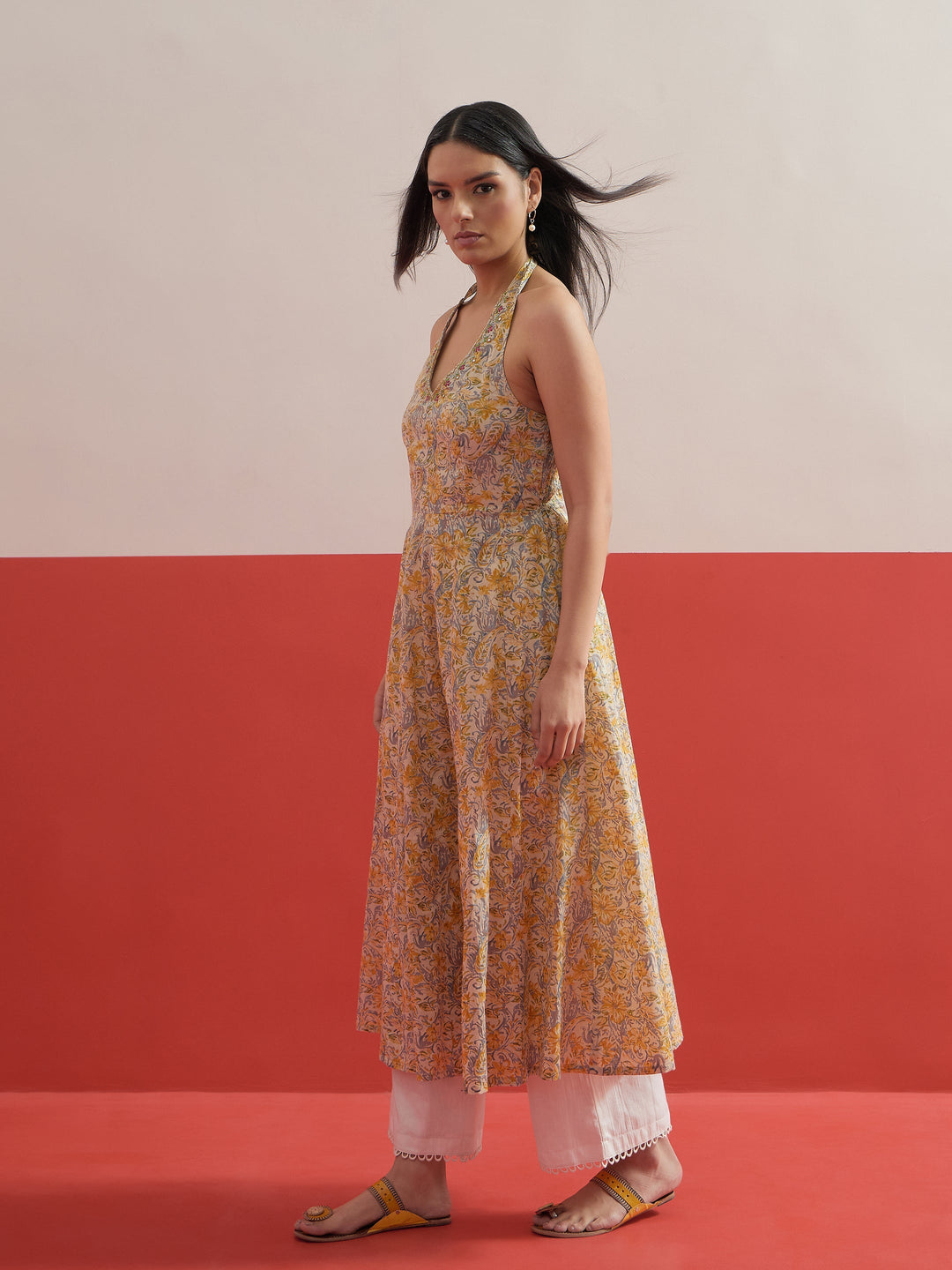 Women Beige Floral Embroidered Halter Neck Kurta