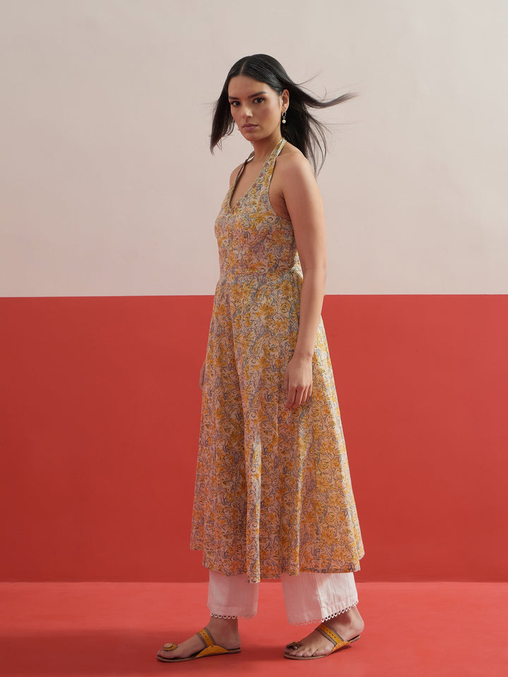 Women Beige Floral Embroidered Halter Neck Kurta