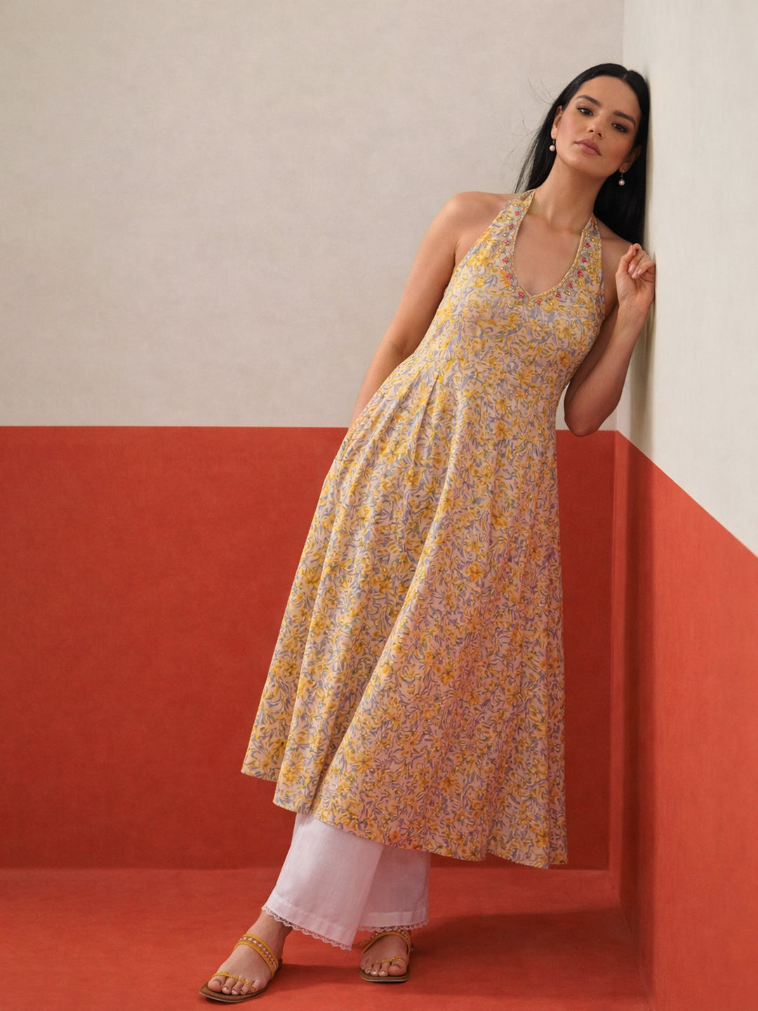 Women Beige Floral Embroidered Halter Neck Kurta With Straight Pant