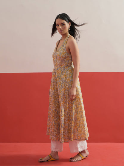 Women Beige Floral Embroidered Halter Neck Kurta With Straight Pant