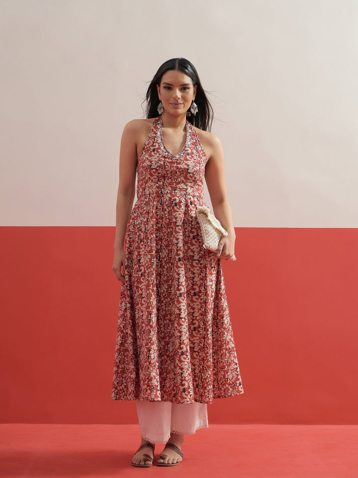 Women Red Floral Embroidered Halter Neck Kurta