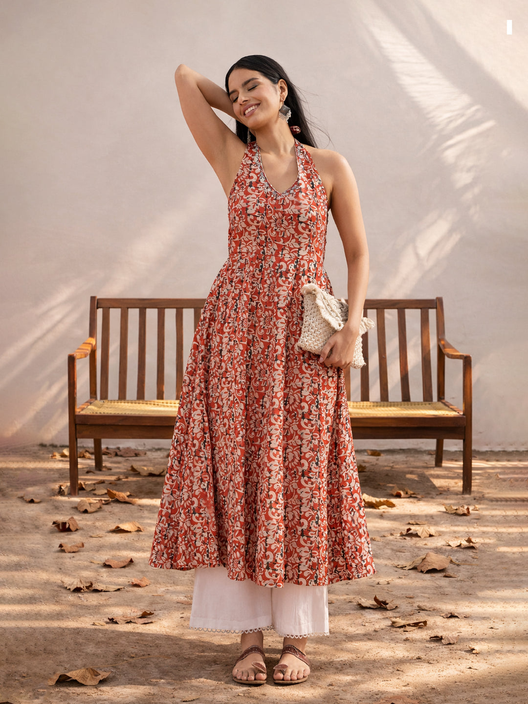 Women Red Floral Embroidered Halter Neck Kurta With Straight Pant