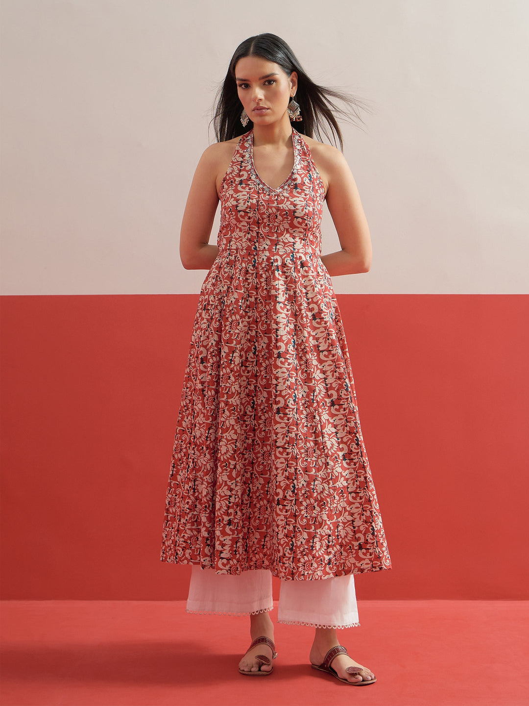 Women Red Floral Embroidered Halter Neck Kurta With Straight Pant