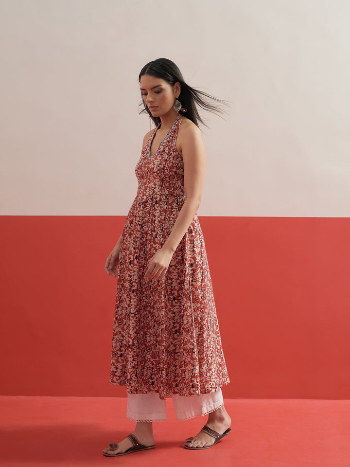 Women Red Floral Embroidered Halter Neck Kurta With Straight Pant