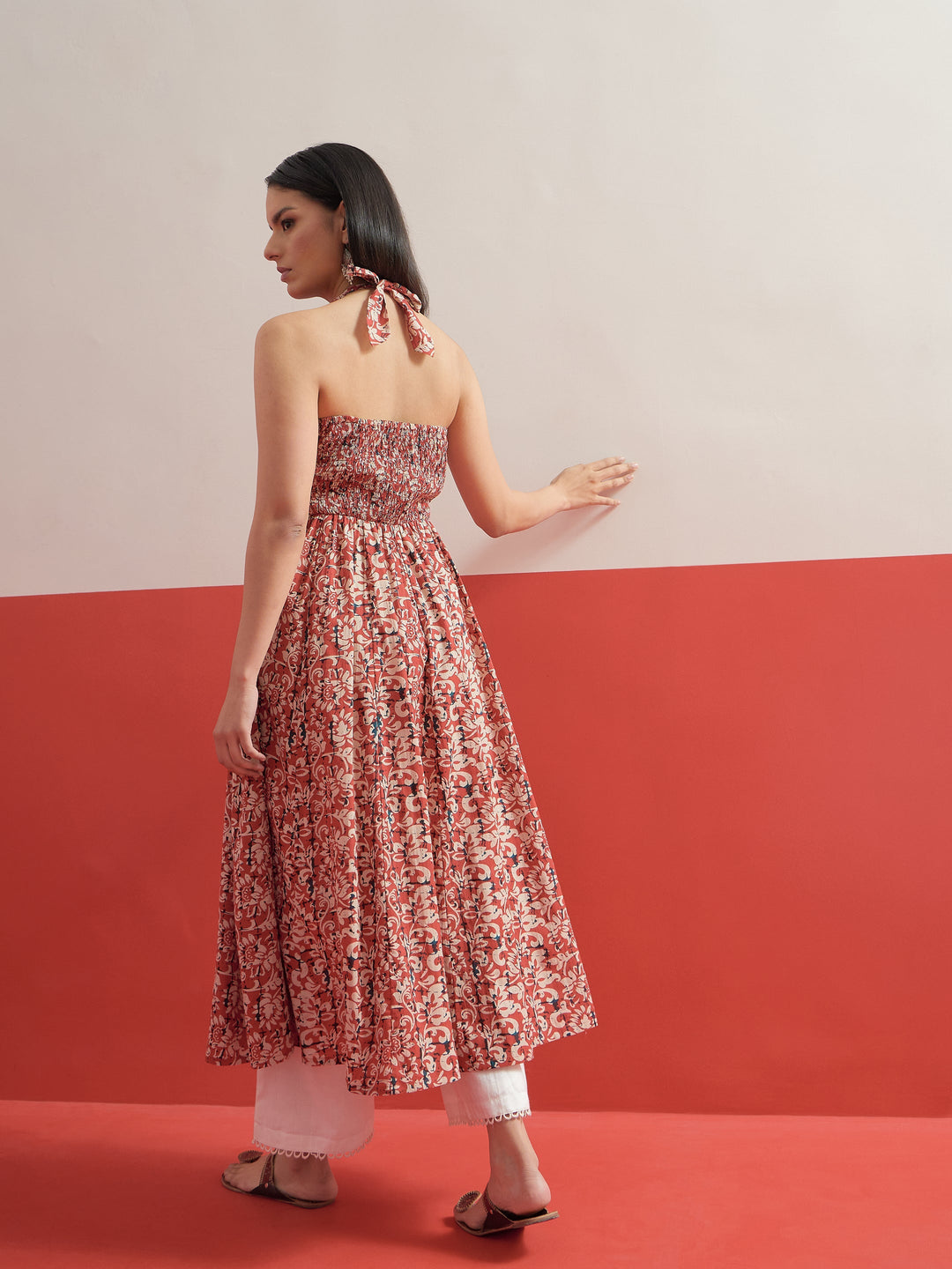 Women Red Floral Embroidered Halter Neck Kurta With Straight Pant