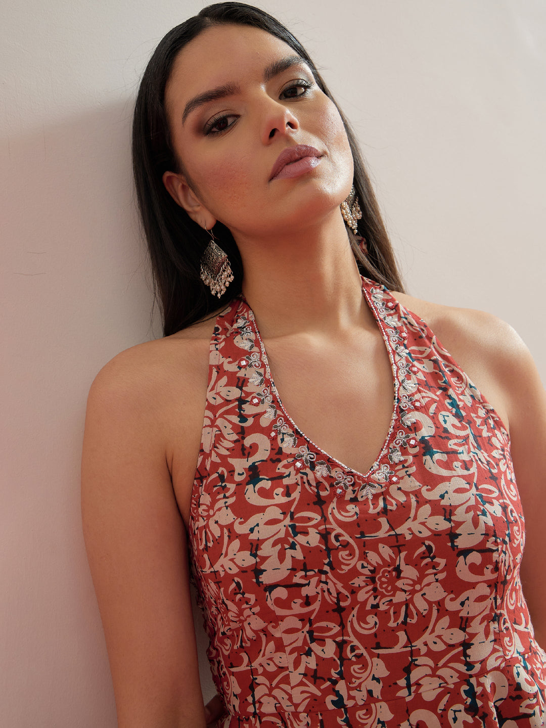 Women Red Floral Embroidered Halter Neck Kurta With Straight Pant