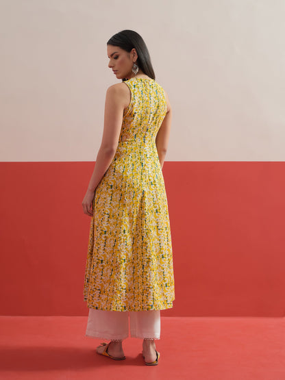 Women Yellow Floral Embroidered Sleeveless Kurta