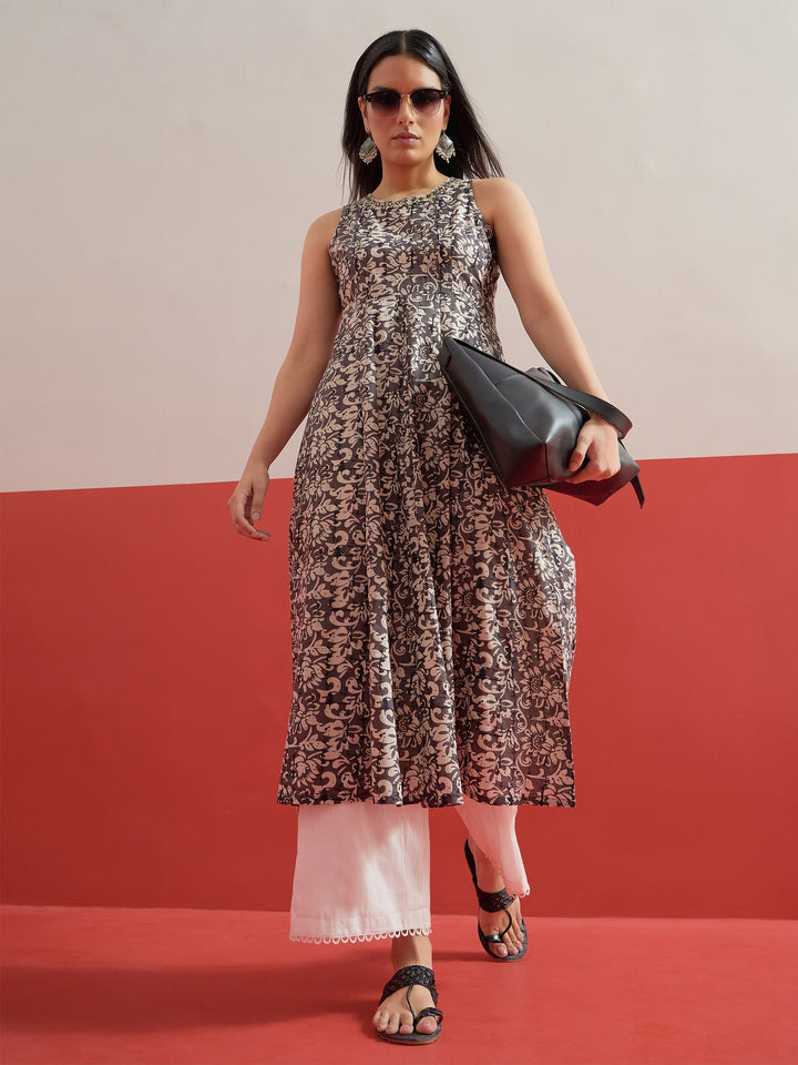 Women Dark Grey Floral Embroidered Sleeveless Kurta