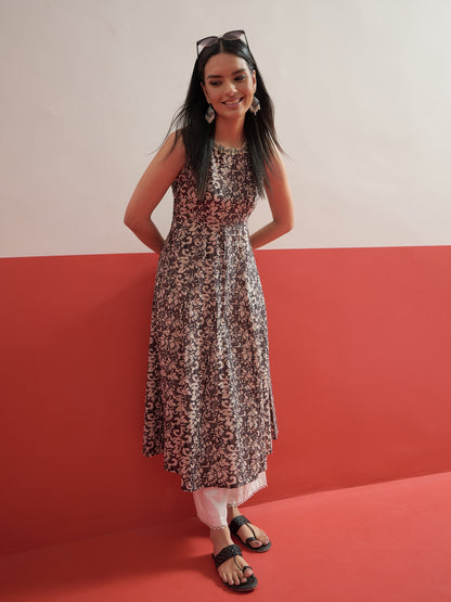 Women Dark Grey Floral Embroidered Sleeveless Kurta With Straight Pant