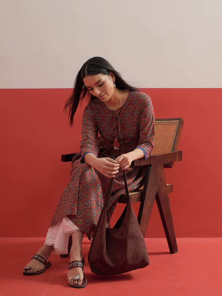 Women Maroon Geometric Print Gathered Kurta