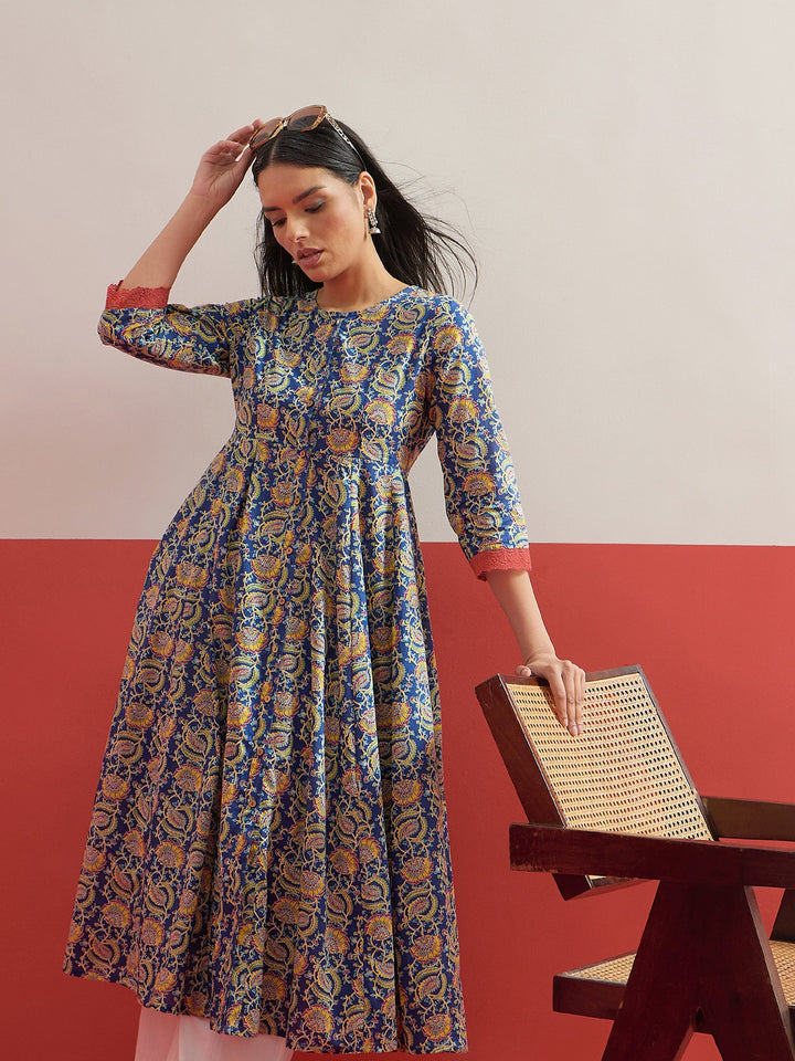 Women Blue Floral Front Open Anarkali Kurta