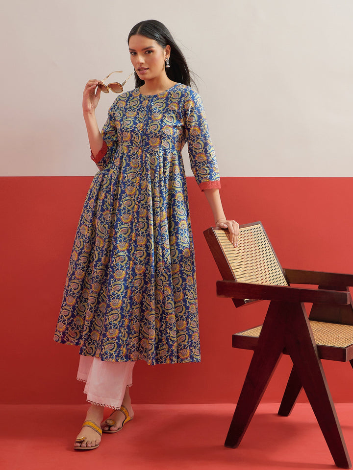 Women Blue Floral Front Open Anarkali Kurta