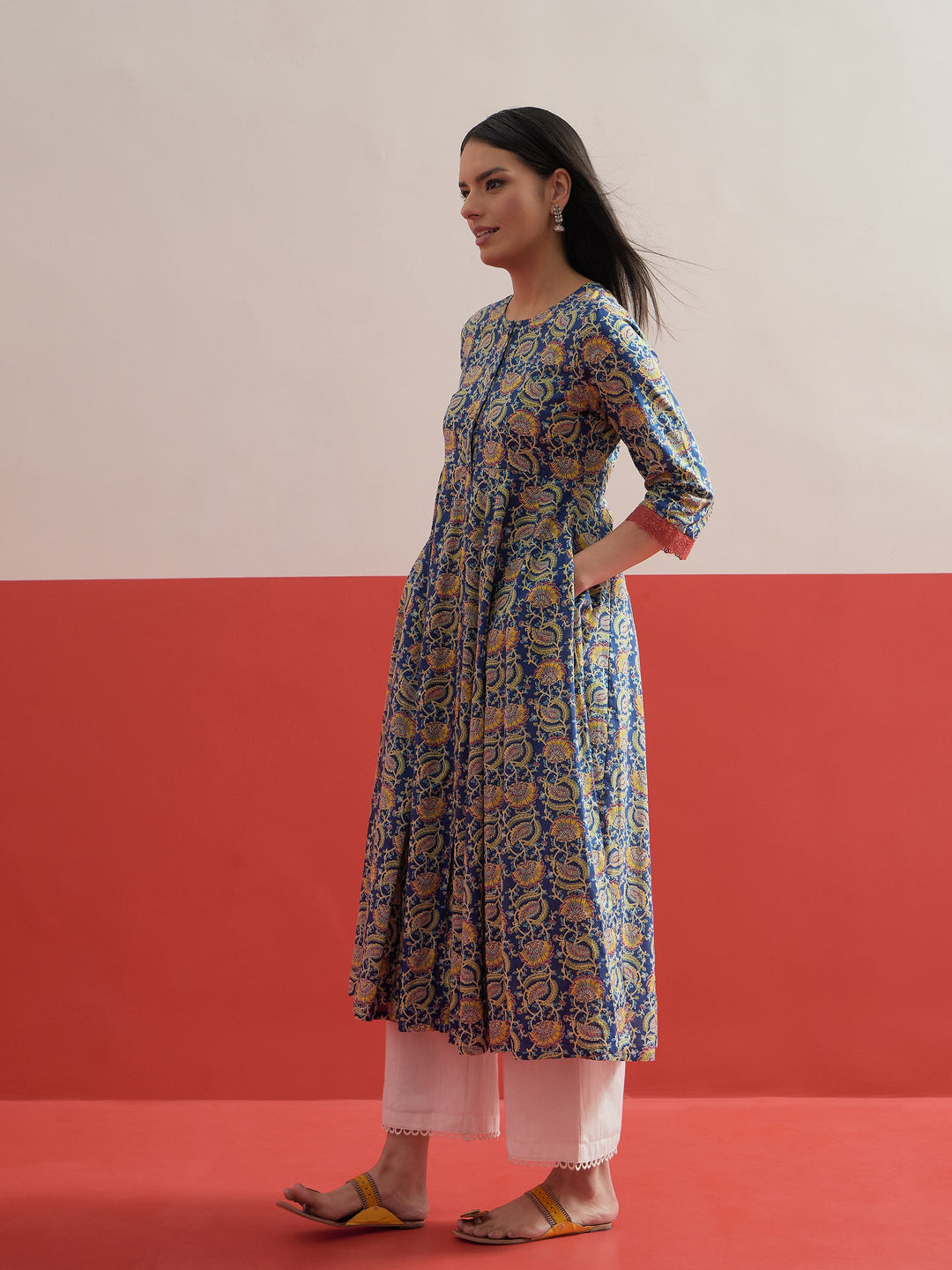 Women Blue Floral Front Open Anarkali Kurta