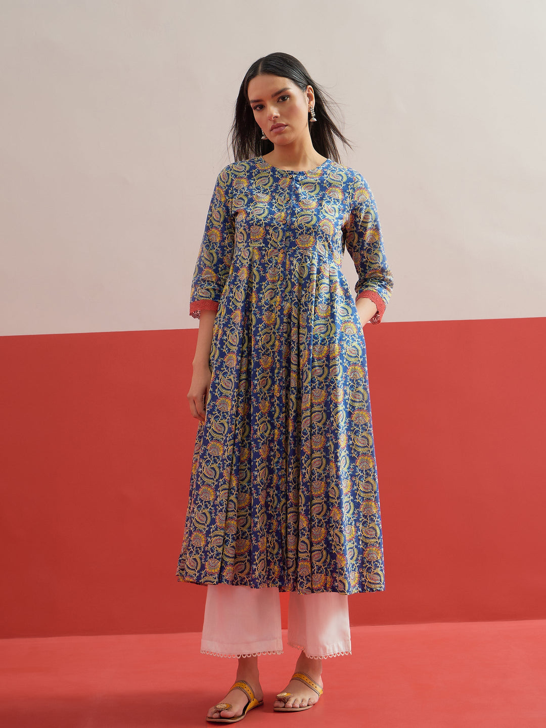 Women Blue Floral Front Open Anarkali Kurta