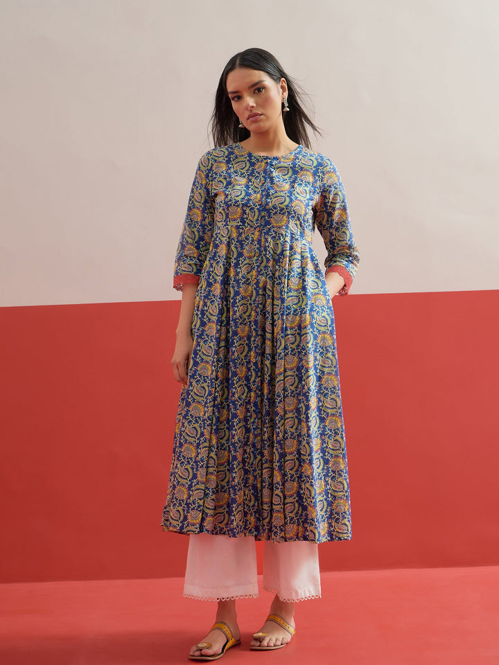 Women Blue Floral Front Open Anarkali Kurta