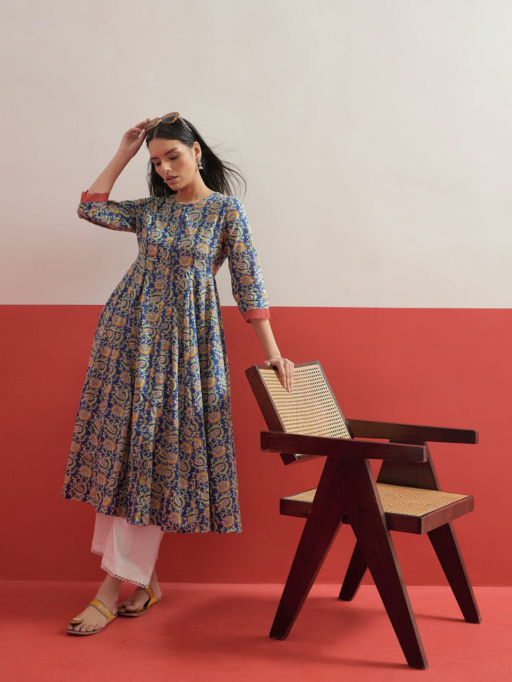 Women Blue Floral Front Open Anarkali Kurta With Straight Pant