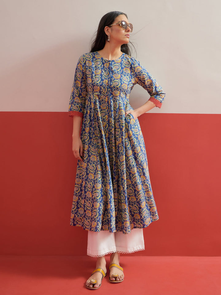 Women Blue Floral Front Open Anarkali Kurta With Straight Pant