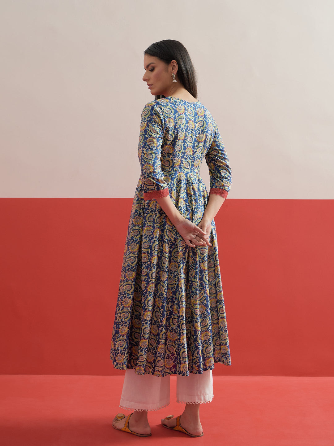 Women Blue Floral Front Open Anarkali Kurta With Straight Pant