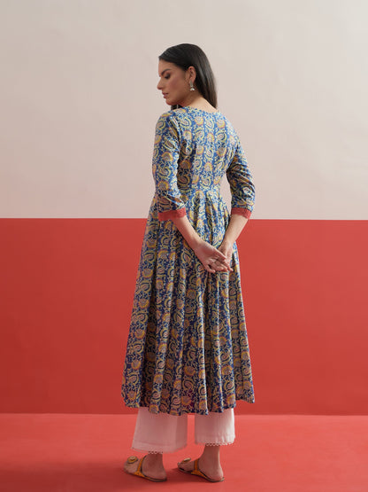 Women Blue Floral Front Open Anarkali Kurta With Straight Pant