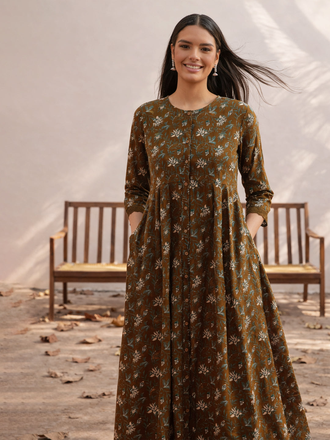 Women Olive Floral Front Open Anarkali Kurta