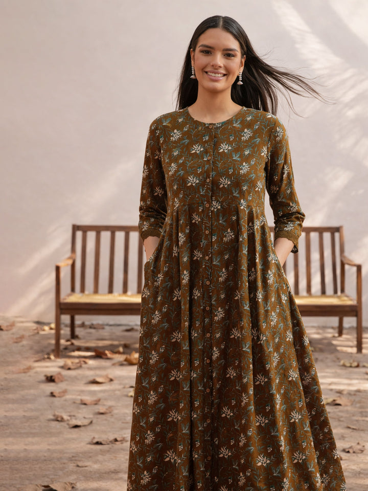 Women Olive Floral Front Open Anarkali Kurta