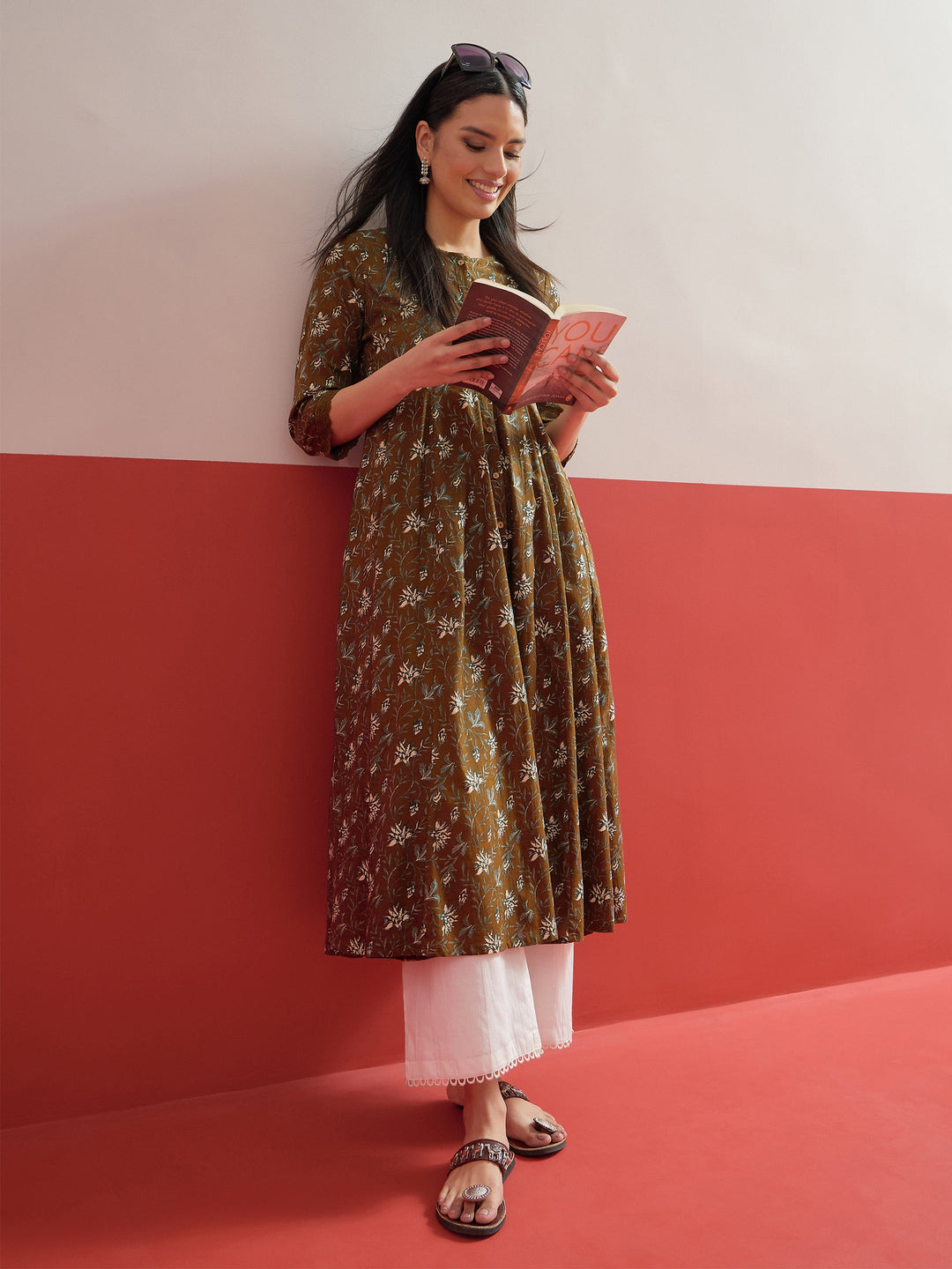 Women Olive Floral Front Open Anarkali Kurta